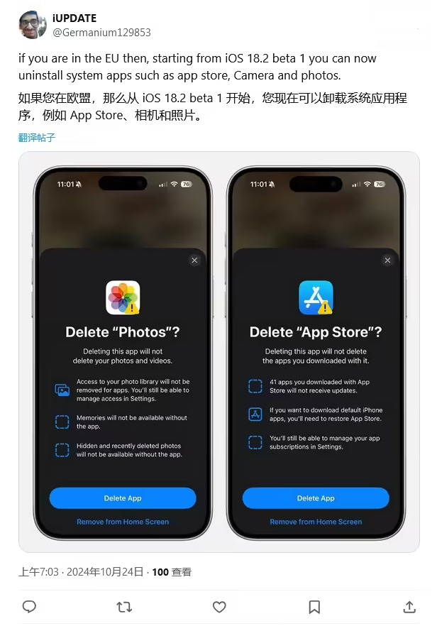 枝江苹果手机维修分享iOS 18.2 支持删除 App Store 应用商店 